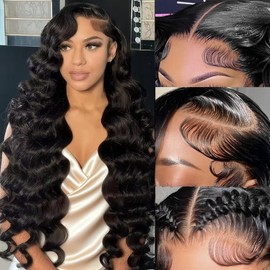 Rruaneal 28 Inch Loose deep Wave Lace Front Wigs Human Hair 13x6 HD lace front wigs human hair Body Wave 220% Density Transparent Lace Frontal Wigs Human Hair Pre Plucked for Black Women