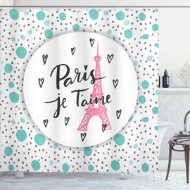 Ambesonne París Cortina de Baño, Texto París te Amo Moda, Paño Conjunto de Decoración de Baño de Tela y Ganchos, 70" Alto, Turquesa Rosa Gris
