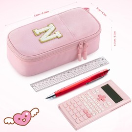 Idefair Cute Pencil Case, Preppy Pencil Pouch Aesthetic Pen Case with Finger Loop, Large Capacity Pencil Bag with Double Zipper School Supplies for Girls (Pink, Letter J)