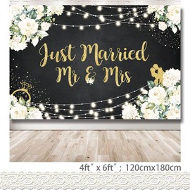 Rarcoirs White Floral Just Married Mr & Mrs Party Backdrop Wedding Ceremony Photography Background Couples Engaged Banner Bridal Shower Photobooth Favors 71X47inch