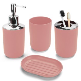 4 Pcs Pink Bathroom Accessories Set,Bohemian Bathroom Toothbrush Holder Set.Include Soap Dispenser, Soap Dish, Toothbrush Holder, Mouthwash Cup, Modern Bahtroom Decor Set（Pink）