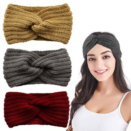 Ellxen Pack of 3 Women's Headbands, Winter Crochet Headbands, Women's Winter Knit, Winter Versatile Headband, Women, Elastic Headband, Ear Warmer for Girls, 4 Colours (Khaki + Grey + Red)