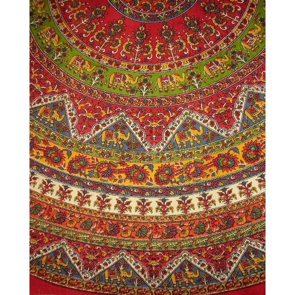 Indian Mandala Print Round Cotton Tablecloth 76" Red