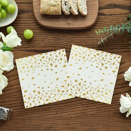 Horaldaily - Paquete de 100 servilletas doradas de cóctel, 10 x 5 pulgadas, 4 diseños surtidos, servilletas de papel de cumpleaños de papel blanco y dorado para fiesta, aniversario, almuerzo, cena