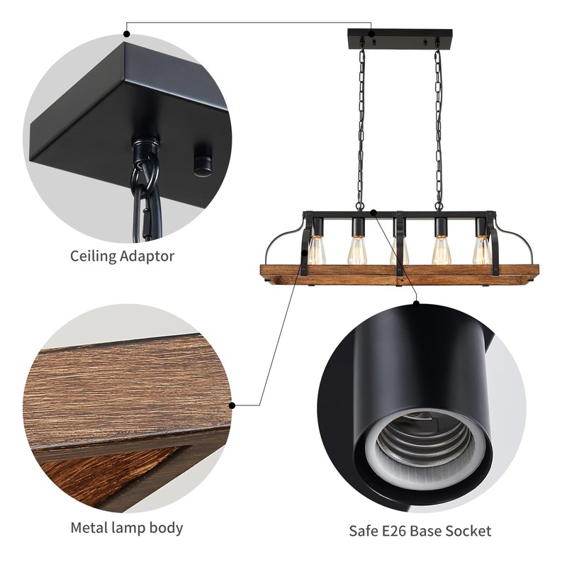 WUZUPS 5-Light Metal Chandelier Imitation Wood Grain Linear Pendant Ceiling
