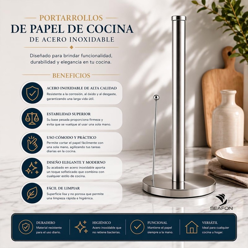 SEAFON Portarrollos Papel Cocina 33 cm Acero Inoxidable Brazo de