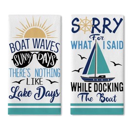 Croar Nautical Lake House Kitchen Dish Towels Set of 2, Boat Waves Sunny Days Sailboat Sunglasses Seagull Drying Hand Towel Baking Cooking Cloth, Funny Quotes Bathroom Home Decoration 18'' x 26''