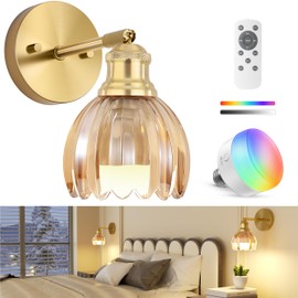 VOLISUN Vintage Battery Operated Wall Sconce,with Amber Tulip Glass Lampshade, Wireless Wall Sconce, Rechargeable Battery Powered Wall Light, Sconce Wall Decor for Bedroom Living Room