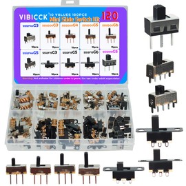 120PCS 10Values SPDT Micro Mini Slide Switch Kit 1p2t Toggle Switches 2 Position 3 Pin Small Miniature Vertical Panel Mount Knob - SS12D00 SS12F15 SS12D10 SS12F442 (10Values Switch 120pcs)
