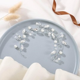 JONKY Silver Bridal Hair Vine Wedding Rhinestone Head Piece Bride Pearl Headband Crystal Wedding Hair Accessories for Women
