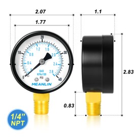 MEANLIN MEASURE 0-40Psi 2" DIAL FACE 1/4" NPT Well Pump Pressure Gauge, with 1/4" x 1/2" NPT and 1/4" x 3/8" NPT Hex Bushing, 3-2-3% Accuracy,Lower Mount