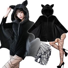 Milky Time Bat Halloween Cosplay Vampire Costume Set with Fishnet Tights for Adults (L)