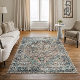 Bloom Rugs Caria Washable Non-Slip 4x6 Rug - Blue Green/Tangerine Traditional Area Rug for Living Room, Bedroom, Dining Room, and Kitchen - Exact Size: 4' x 6'