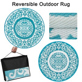 Homcomoda Round Outdoor Rugs 6ft Teal Patio Rugs Clearance Reversible Plastic Straw Rugs Waterproof Lightweight Outdoor Rugs Portable RV Camping Mat for Outdoor Porch Deck BBQ Backyard