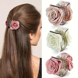 3pcs Flower Hair Clips - Handmade Flower Small Claw Clips, Vintage Fabric Design Floral Hair Accessories, White&Champagne&Pink Small Claw Hair Clips, Spring Elegant Headwear Hairpin