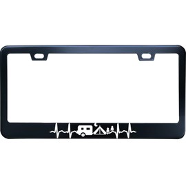 XHuiZio Trailer Moon Tent Forest Heartbeat Camping License Plate Frame for Women/Men, Black Stainless Steel License Plate Frame 2 Holes & Screws for Car, 12x6 Inch Fits Standard US/CA