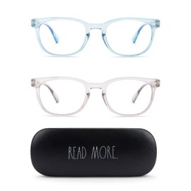 Rae Dunn "JUDY Blue Light Blocking Reading Glasses - 2 Pack w/READ MORE Signature Font Hard Case… (Crystal Dusty Blue/Crystal Cool Grey, 0.0)