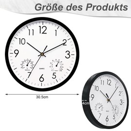 hurifeng Wall Clock with Temperature and Humidity Display, 12 Inch Quartz Clock for Living Room, Bedroom, Kitchen, Bathroom - Black/White, Silent, Minimalist, Plastic Case, Glass Front (Black)