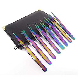 8 pcs Multi Rainbow Color Premium Quality Assorted 3D 5D 6D Volume False Eyelash Extension Applicator Tweezers Straight and Curved