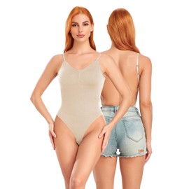OURCAN Low Back Bodysuit Figure Shaping Women's Body Shaper Tummy Control Sculpting Shapewear Adjustable Shoulder Strap Flesh Colour S