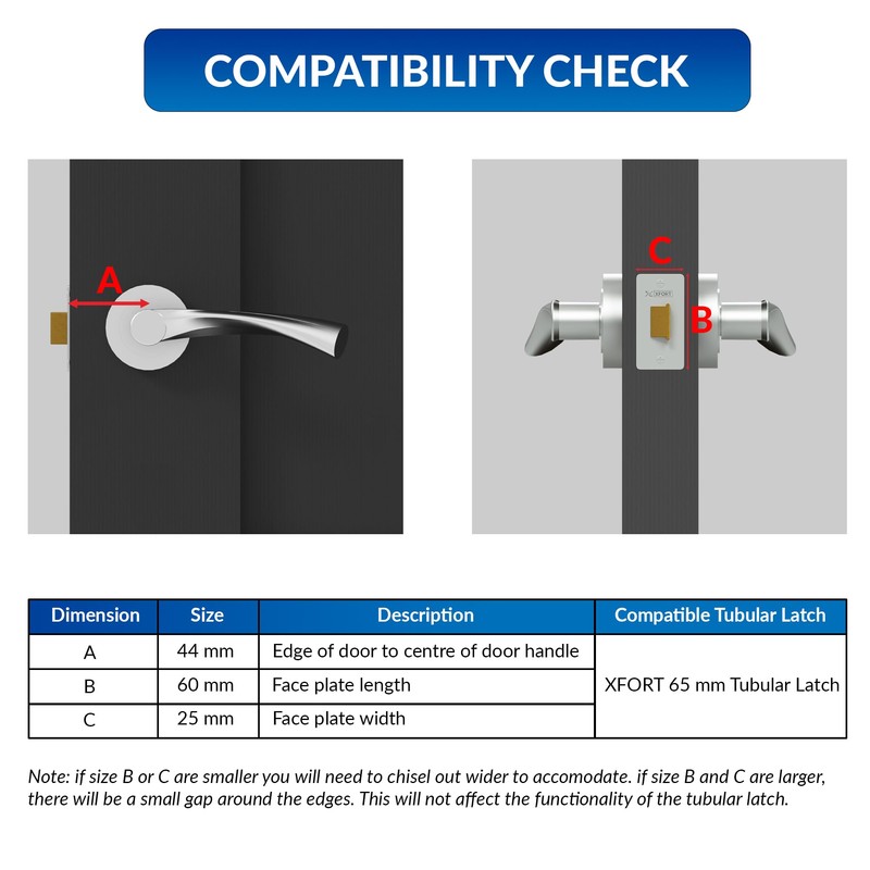 XFORT Tubular Latch, Satin Chrome, Tubular Door Latch For Internal