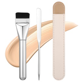 Foundation Spatula and Flat Foundation Brush Set, Stainless Steel Makeup Tool, Double-Edged for Even Face Application, Professional with Pouch for Clean Storage, Ideal for Small Area Cosmetic Use