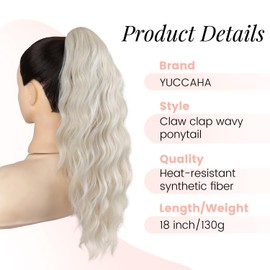 YUCCAHA Claw Clip Ponytail Extension for Women 18 Inch Wavy Curly Fake Ponytail Clip in Hair Pieces Shoulder Length Fluffy Natural Synthetic Hairpiece for Daily Use (Light Blonde)