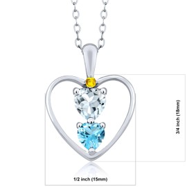 925 Sterling Silver Sky Blue Aquamarine Swiss Blue Topaz and Yellow Sapphire Pendant Necklace For Women (0.75 Cttw, Gemstone March Birthstone, Heart 5MM and 4MM, with 18 Inch Silver Chain)