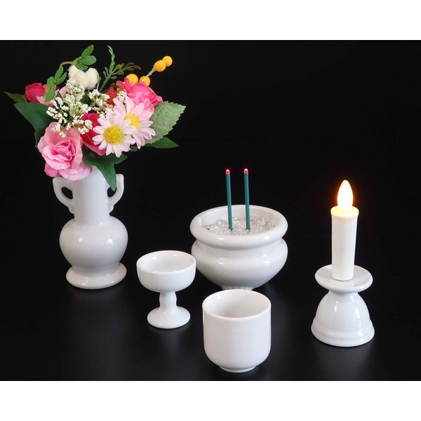 Hualien Ceramic Buddhist Tools Made in Japan, 5 Pieces, Timer Type LED Combination ◇ LED Candle, LED Incense, Buddha Flower, 3A Natural Crystal Crush, Auto-Off for 10 Minutes (White Plain)