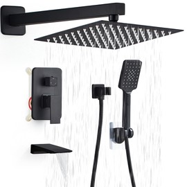 LCEVCGK Shower Faucet Set Complete Matte Black Shower System with 8 inch Square Rainfall Shower Head 3-Function Handheld Shower Waterfall Bathtub Spout Rain Shower Combo Set Bathroom Wall Mounted