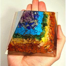 Huge 98mm 7 Chakra Orgonite Orgone Pyramid Positive Energy Reiki Charged Generator Metaphysical Healing Meditation Gemstone Crystal Mineral w/Copper Coil Specimen