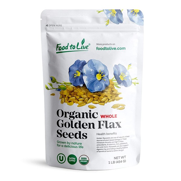 Organic Golden Flaxseed, 1 Pound – Whole, Non-GMO, Kosher, Raw, Vegan, Bulk