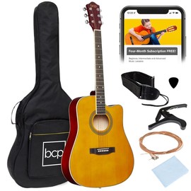 Best Choice Products 41in Full Size Beginner Acoustic Guitar Set with Case, Strap, Capo, Strings:_Aged Natural