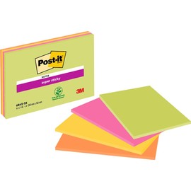 Post-it Post-it Super Sticky Meeting Notes, Packung mit 4 Blöcken, 45 Blatt pro Block, 203 mm x 152 mm, Farben: Grün, Pink, Gelb, Orange - Extra-stark klebende Notizzettel für To-Do-Listen und Erinnerungen