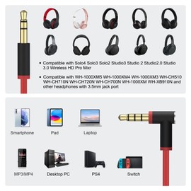 Replacement Audio Cable Cord Wire with in-line Microphone and Control Compatible with Solo 2 Solo 3, Studio 3, Pro, Detox, Wireless, Mixr, Executive, Pill Headphones (4.6FT, Red)
