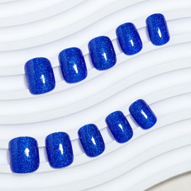 ANDGING Short Square Press on Nails Bling Blue Glue on Nails with Glitter Designs Pressons Fake Nails Fantasy Gel Full Cover Manicure False Nails for Wedding Acrylic Stick on Nails for Women