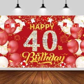6x3.6ft Happy 40th Birthday Backdrop Banner,Red Birthday Backdrop Sign, Happy Banner,Party Supplies Photo Background for Children Men Women.