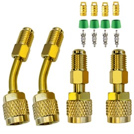 R410a Adapter for Mini Split System, 5/16 inches SAE Female to 1/4 inches SAE Male Flare for Air Conditioners HVAC and Refrigeration Service, 2 Straight +2 Angled Adapters,4 Hose Gaskets,4 Valve Cores