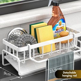 VerdeRoot Sink Caddy, Kitchen Sink Orgainser, Stainless Steel Sink Tidy Sponge Holder With 45-Degree Sloped Drip Tray, Kitchen Sink Caddy Organiser With Removable Dishcloth Hook for Countertop (White)