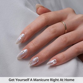 BTArtbox Press On Nails Short - Pearl Accents Chrome Almond Press On Nails with Glue for Women, Opaque Soft Gel Glue On Nails in 16 Sizes - 32 Stick On Nails Kit, Tidal Pearl