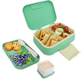 Augystre Small Bento Lunch Box with Leak Proof,3 or 4 Compartments Lunchable Snack Containers with Sauce Jars,Utensils Snacks and Small Meals, Microwave Dishwasher, Freezer Safe,BPA Free (Green)