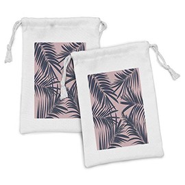 Ambesonne Navy and Blush Fabric Pouch Set of 2, Summer Exotic Floral Tropical Palm Tree Leaf Banana Plant Hawaii, Small Drawstring Bag for Toiletries Masks and Favors, 9" x 6", Night Blue Pale Pink