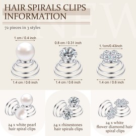 72 Pieces Pearl Rhinestone Crystal Twisters Spiral Set Silver Coil Hair Pins Flower Swirl Hair Clips Faux Pearl Twist Bobby Pins Spiral Hair Accessories for Wedding Bridal Prom Party, 3 Styles