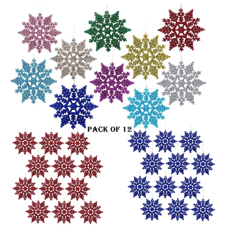 12pk Glitter Snowflake Hanging Decorations, Christmas Tree Snowflake Baubles/Ornaments (Silver)