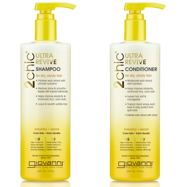 GIOVANNI 2chic Ultra-Revive Shampoo & Conditioner - Pineapple & Ginger to Moisturize Dry Unruly Hair, Aloe Vera, Pro-Vitamin B5, Lauryl & Laureth Sulfate Free, Color Safe - 24 oz (2 Pack)