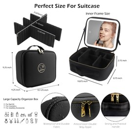 MOMIRA Makeup Bag with Mirror and Light Travel Makeup Train Case Cosmetic Organizer Portable Artist Storage Bag with Adjustable Dividers Makeup Brushes Storage Organizer Black