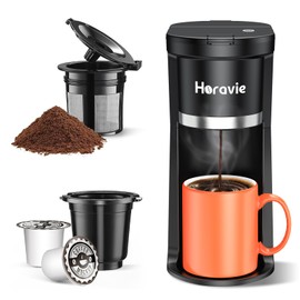 Horavie Small Single Serve Coffee Maker, Fast Brew One Cup Coffee Machine for K Cup and Grounds, 6 to 12 oz. Brew Sizes, Capsule Coffee Machine with Descaling Reminder and Viewing Tank, Black