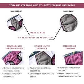 Tony & Ava Teen Incontinence Underwear for Girls – Bikini Brief Pull Ups, Reusable, Sensory-Friendly, 2-Pack Dandelion Print (Size Large, 140–155 lbs), Daytime Protection Purple