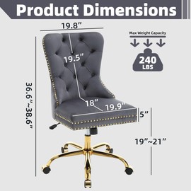 GOOLON Velvet Home Office Desk Chair, Height Adjustable Vanity Chair withTufted Back, Swivel Comfy Seat, Luxury Rivet Trim, Golden Base for Bedroom Living Room, Grey
