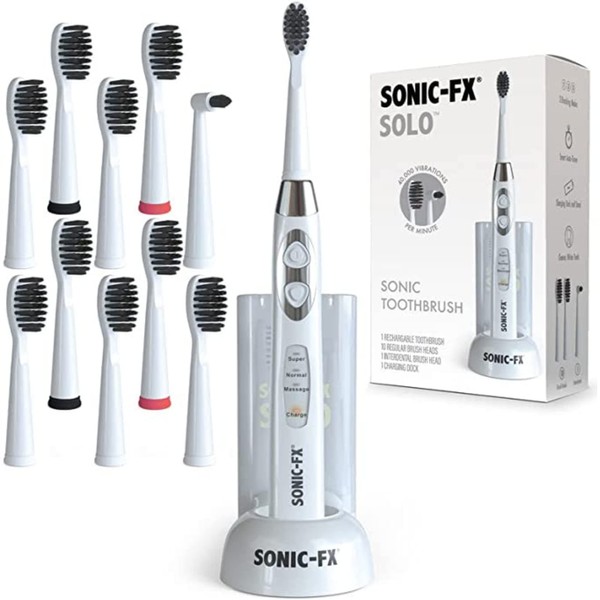 Sonic-FX Solo Cepillo de dientes eléctrico con 10 cabezales de cepillo + 1 cerdas interdentales, de carbón, recargable, base de carga/almacenamiento, 3 modos de cepillo, temporizador inteligente, 2 meses de uso con carga completa, color blanco